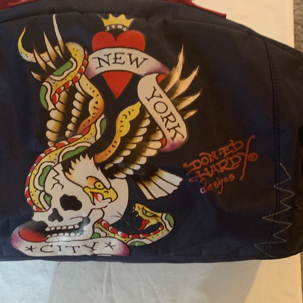 Ed Hardy Black Duffel Bag with Red Handles and crossbody strap - Picture 2 of 7